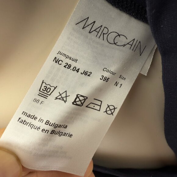 MARC CAIN Preppy Buttonned Polo Collar Belted Roll-Tab Stretch Navy Jumpsuit S - Picture 8 of 10